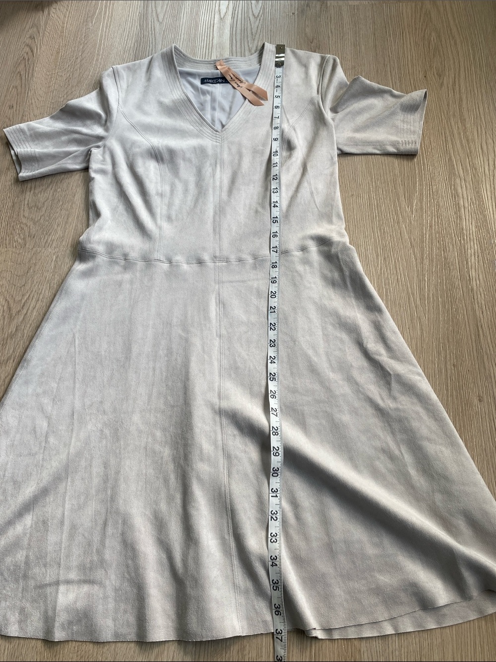 Marc Cain Faux Suede Fit & Flare Dress Neutral Beige Short Sleeve Minimalist - Picture 10 of 14